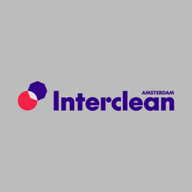 Interclean Amsterdam logo with bold purple text and two overlapping red and purple circles on a gray background.
