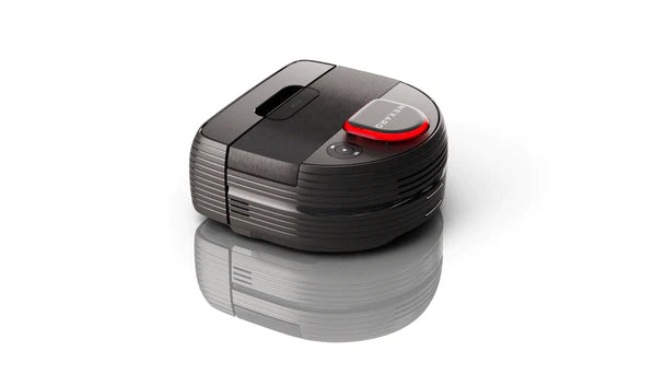 Black robot vacuum cleaner with a red accent, shown on a white background with a subtle reflection.