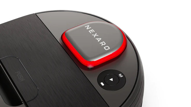 Close-up of a black Nexaro robot vacuum with a red-edged button and control buttons on top.