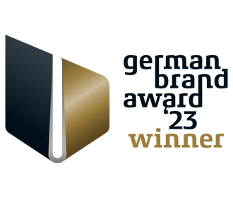 German Brand Award 23 winner logo with black and gold geometric shapes on a light background.