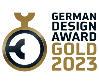 German Design Award Gold 2023 logo with black and gold text and a stylized circular emblem on the left.