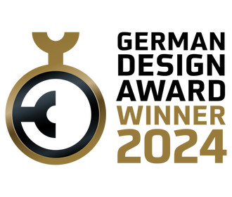 German Design Award Winner 2024 logo with a gold and black circular emblem on a light background.