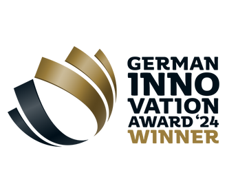 German Innovation Award 2024 Winner logo with gold and black abstract design on a light background.