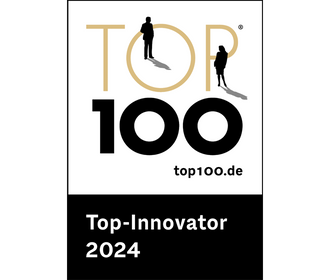 Top 100 Innovator 2024 logo with silhouettes of two people and the website top100.de.