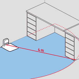 A printer is 4 meters away from a desk, measured by a red dashed line on a blue-shaded floor area.