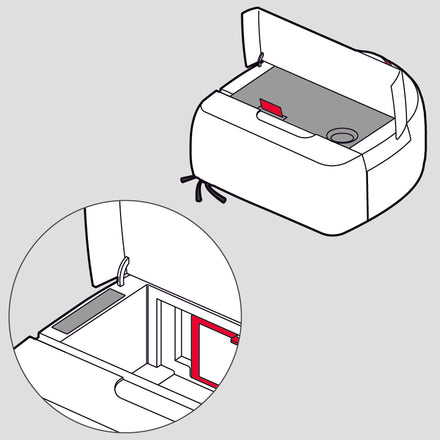 Illustration showing a compartment inside a device, highlighted with a red tab for identification.
