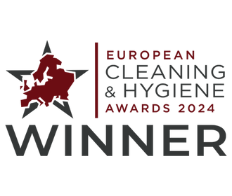 European Cleaning & Hygiene Awards 2024 Winner logo with a map of Europe and a star design.