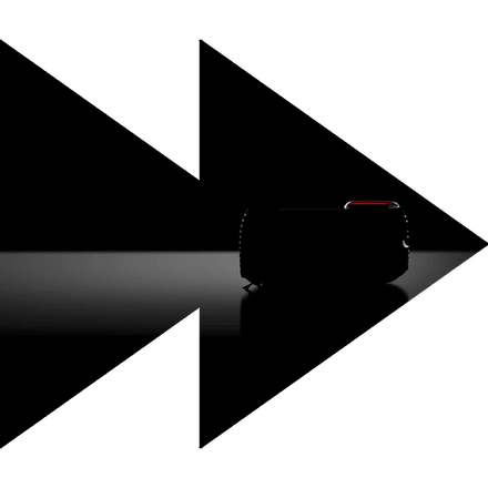 A black camera is silhouetted inside a bold, black fast-forward arrow on a white background.
