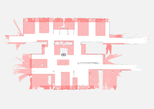 A simplified floor plan with a central icon and red highlighted areas around the outer rooms and corridors.