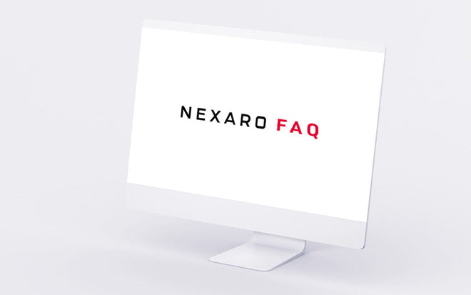 A computer monitor displays the text NEXARO FAQ on a white background.
