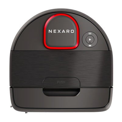 Top view of a black Nexaro robot vacuum cleaner with a red accent and control buttons.