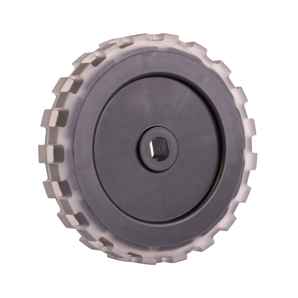 The Nexaro drive wheel incl. screw is a robust black plastic drive wheel with chunky grey treads and a square centre hole, perfect as a Nexaro component or wear part, shown isolated on a white background.