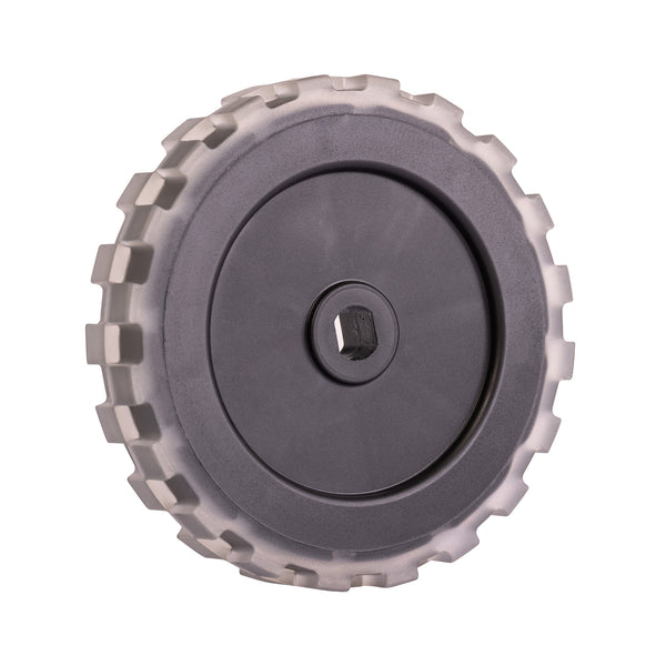 The Nexaro drive wheel incl. screw is a robust black plastic drive wheel with chunky grey treads and a square centre hole, perfect as a Nexaro component or wear part, shown isolated on a white background.