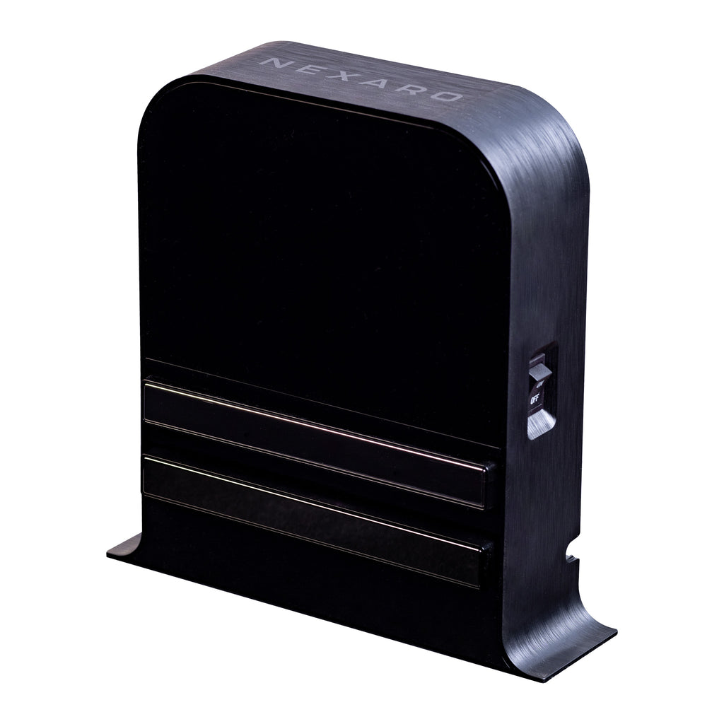 A black, rectangular Nexaro NR 1500 with rounded edges and two lines near the base that fits perfectly into the Nexaro charging unit for the NR 1500 charging station.