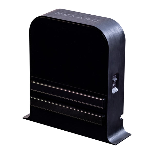 A black, rectangular Nexaro NR 1500 with rounded edges and two lines near the base that fits perfectly into the Nexaro charging unit for the NR 1500 charging station.