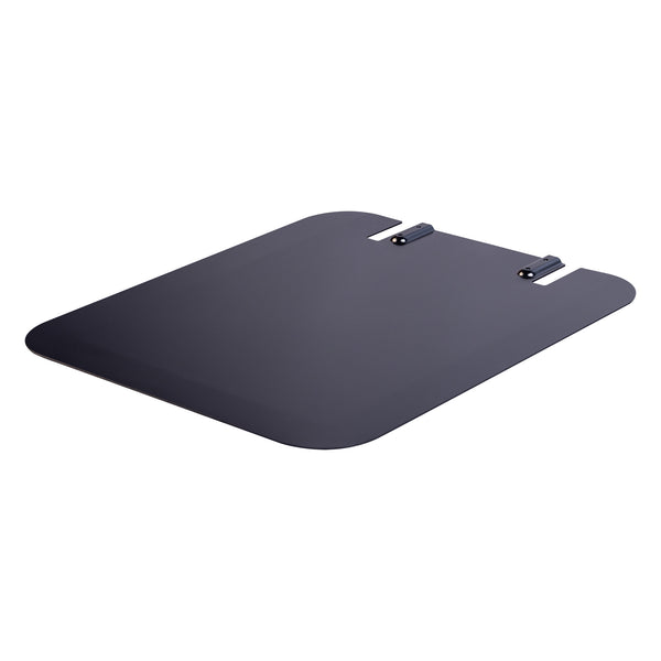 The Nexaro base plate for the NR 1500 charging station is a flat, rectangular, black plate with rounded corners and two small brackets on one side. It is a replacement base plate that has been specially developed for this charging station.