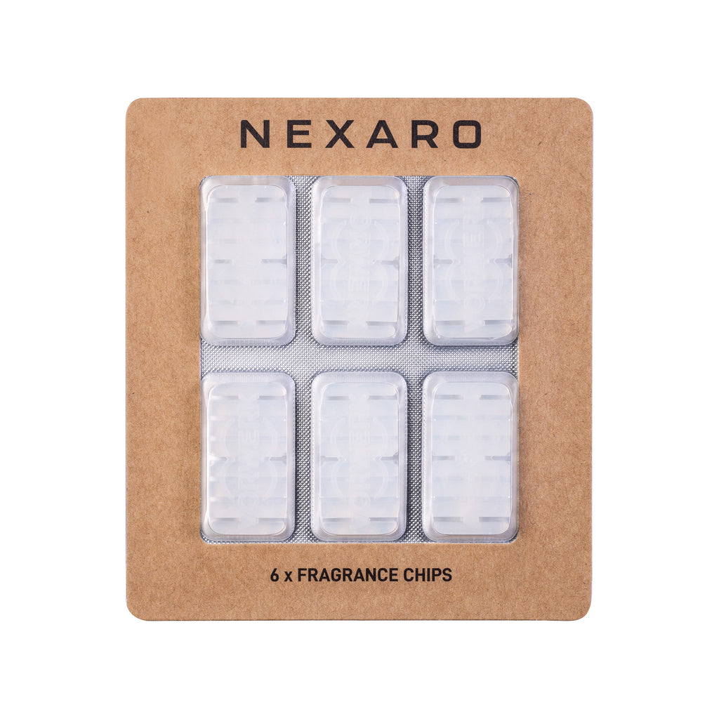 Six Nexaro scented chips (6 Stück) are arranged in clear packaging on a brown cardboard backing labeled Nexaro.