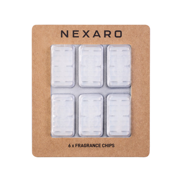 Six Nexaro scented chips (6 Stück) are arranged in clear packaging on a brown cardboard backing labeled Nexaro.