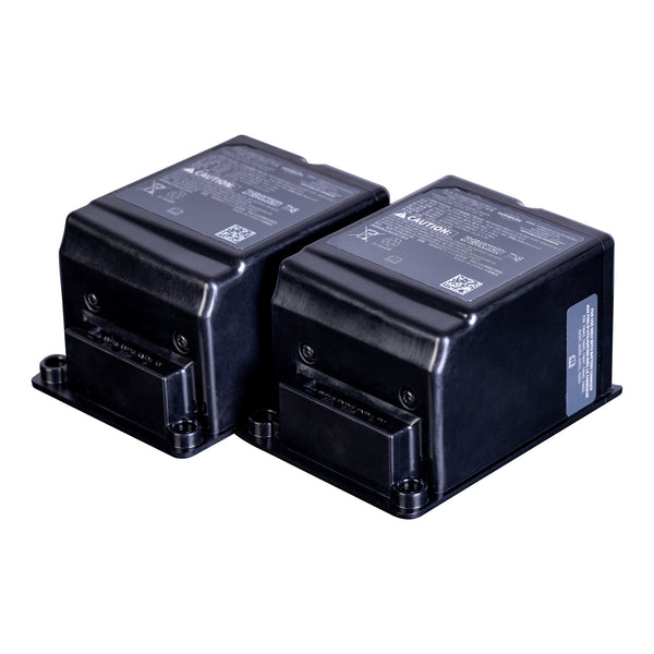 Two black rectangular Nexaro replacement Li-ion batteries (2 pieces), compatible with the NR 1500 robot vacuum cleaner, each with labels and QR codes, are placed side by side on a white background.