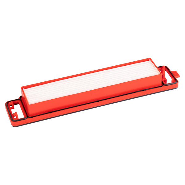 Nexaro filter: Rectangular automotive air filter with white HEPA 13 pleated filter and red plastic frame on a white background.
