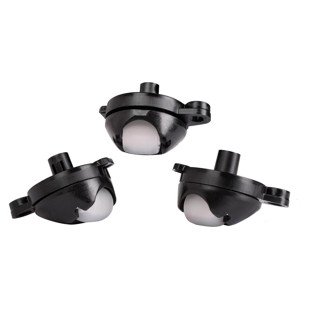 Three auxiliary rollers (3 Stück) from Nexaro, made of black and white plastic, are arranged on a white background.