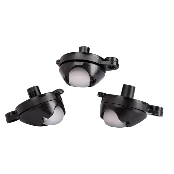 Three auxiliary rollers (3 Stück) from Nexaro, made of black and white plastic, are arranged on a white background.