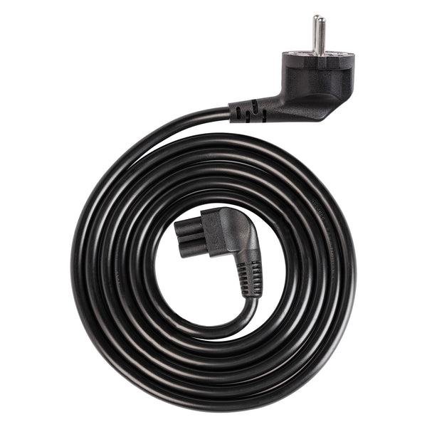 The Nexaro power cable type E/F (standard) is a black spiral cable with angled plug ends, ideal for the NR 1500 and neat cable management at your base station. Shown on a white background.