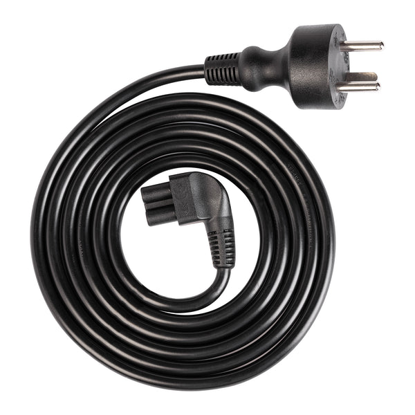 The Nexaro Type K power cable (standard) is a black power cable with efficient spiral cable management, a three-pin plug and an angled connector – ideal for the Nexaro NR 1500 base station.