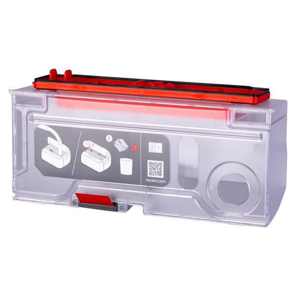 Nexaro dirt container incl. filter with red lid for robot vacuum cleaners, with illustrated instructions on the front panel.