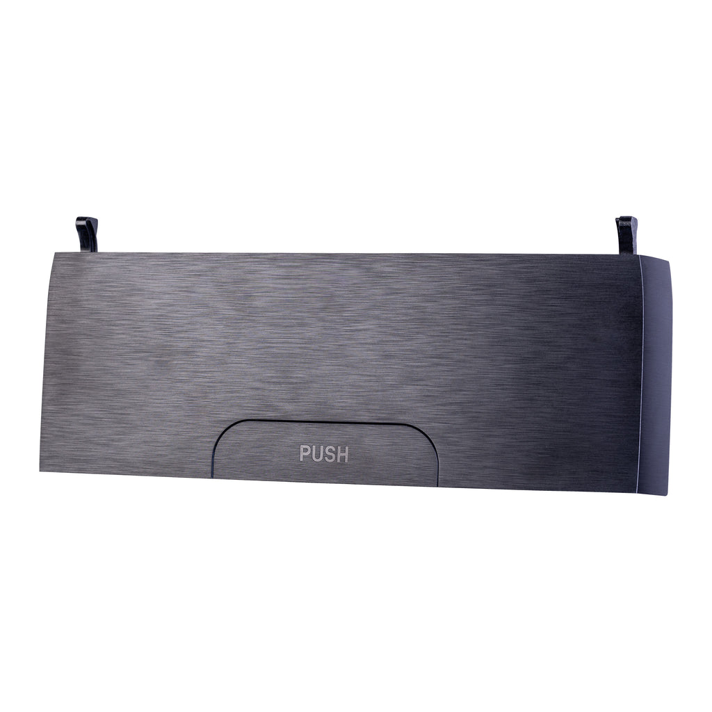 Rectangular metal waste bin for wall mounting with a front flap bearing the inscription PUSH, inspired by the elegant design of the Nexaro dirt container cover.