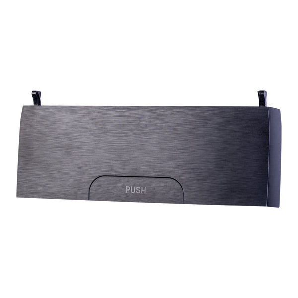 Rectangular metal waste bin for wall mounting with a front flap bearing the inscription PUSH, inspired by the elegant design of the Nexaro dirt container cover.