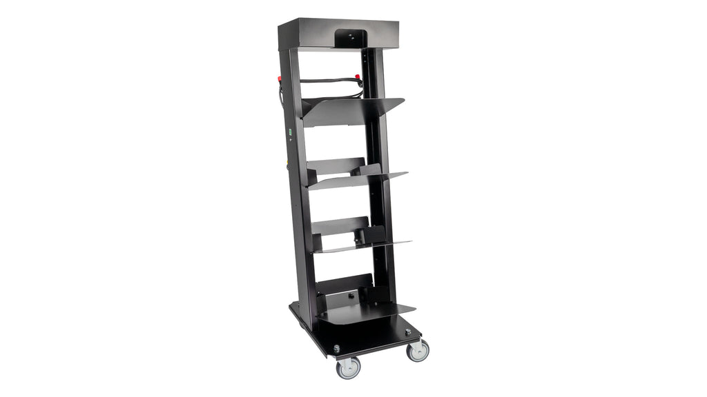 The Nexaro Trolley is a tall, black metal trolley with four shelves and wheels, ideal for efficiently transporting robot vacuum cleaners and boosting the performance of your cleaning team.