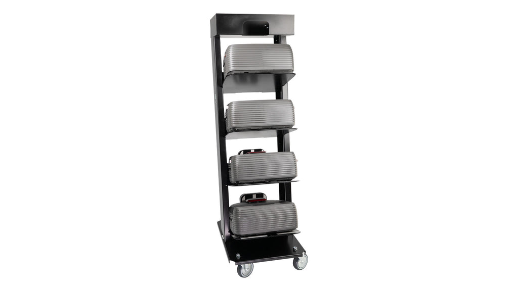 The Nexaro Trolley from Nexaro is a tall black trolley with four compartments, each of which can hold a grey suitcase, and wheels for easy transport of vacuum robots and increased efficiency of the cleaning team.