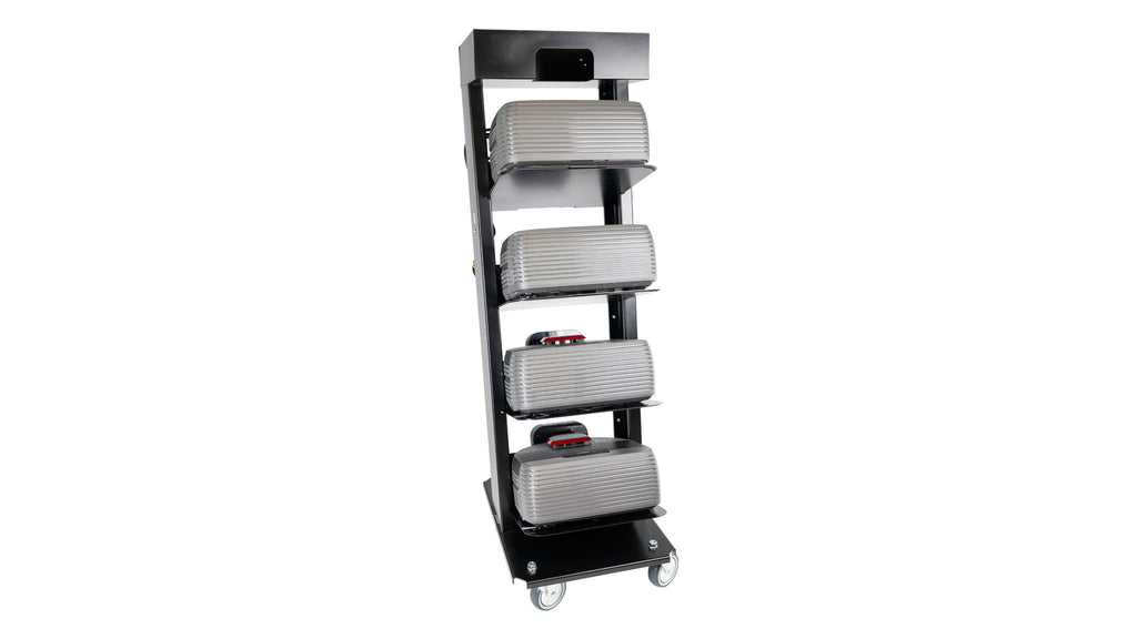 The Nexaro Trolley from Nexaro is a black metal frame on wheels with four compartments, each of which holds a silver briefcase – ideal for transporting robot vacuum cleaners and increasing the efficiency of cleaning teams.