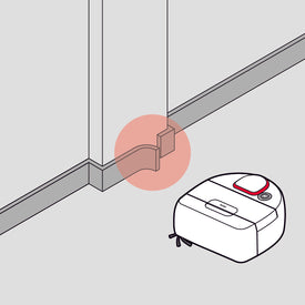 A robot vacuum approaches a wall corner with a red highlighted sensor detection area.