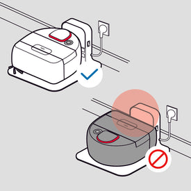 Robot vacuum docked correctly with a checkmark, and incorrectly with the dock blocked and a prohibition symbol.