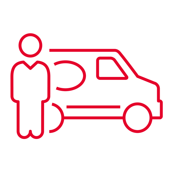 A red outline of a person next to a delivery van on a black background represents Nexaro's on-site setup and onboarding service for the Nexaro vacuum robot.