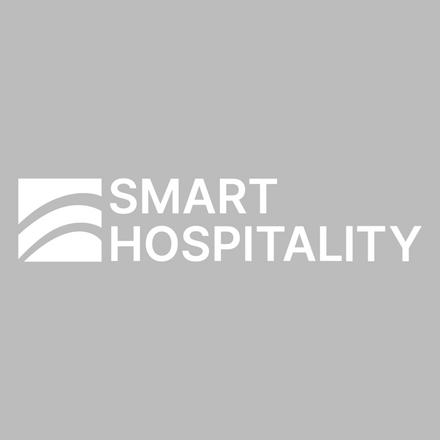 White SMART HOSPITALITY text with abstract lines logo on a gray background.