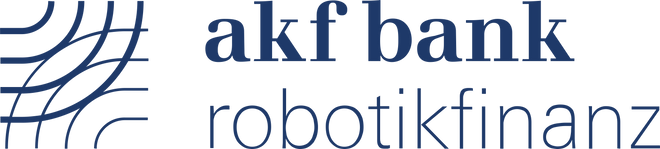 Akf bank robotikfinanz logo with blue text and abstract blue curved lines on the left.
