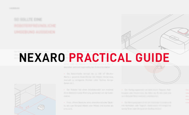 Text Nexaro Practical Guide over a blurred background with robotic vacuum cleaner and room illustrations.