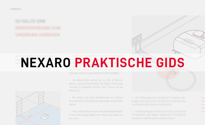 Text Nexaro Praktische Gids over a blurred background showing line drawings of a robotic vacuum cleaner.