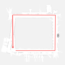 Black and white map outline with a red path forming a square and an arrow pointing down on the left side.