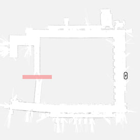 Minimalist map with a square outline, a red horizontal bar, and a small oval icon on the right side.