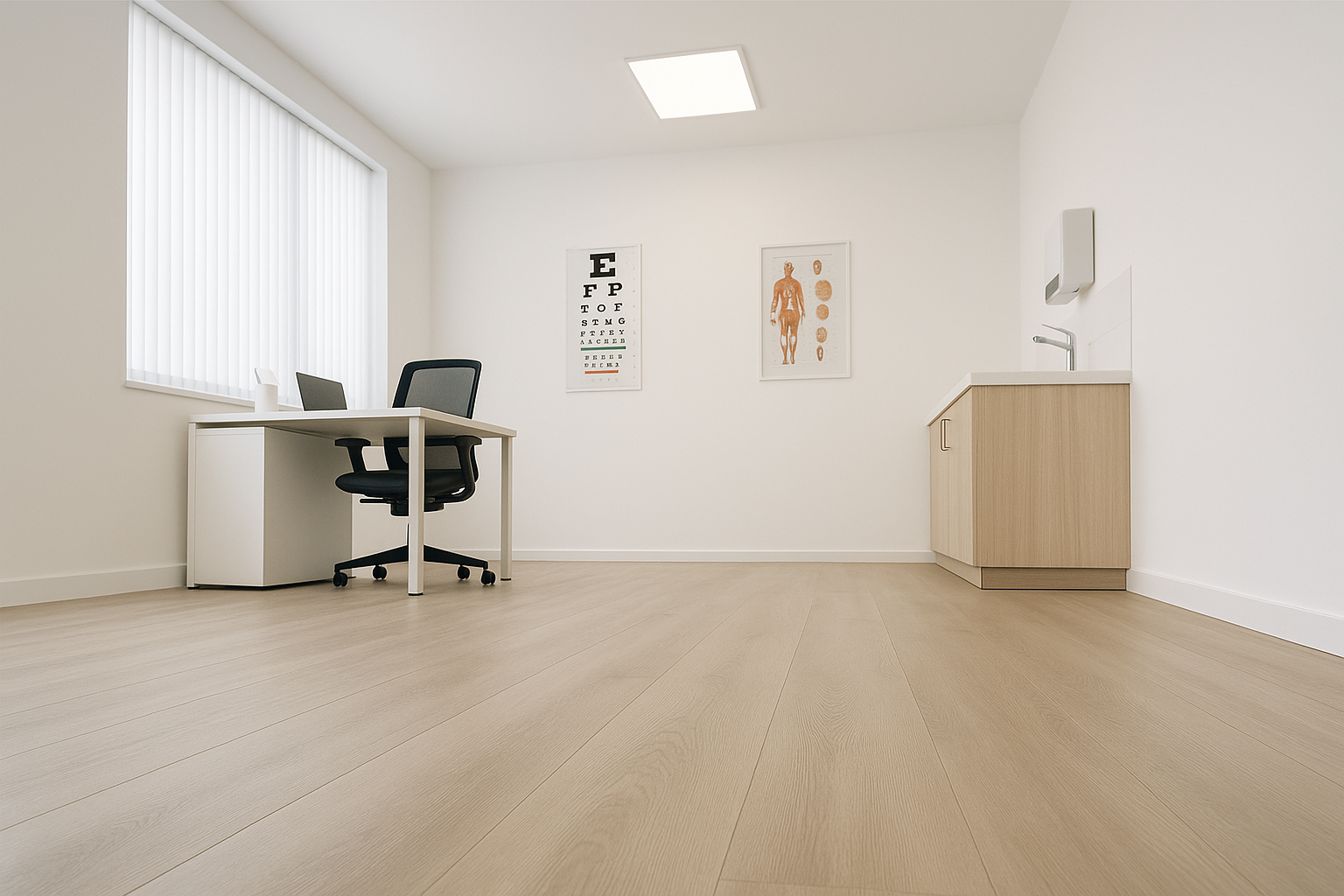 Minimalist medical office with desk, chair, eye chart, anatomical poster, and sink on light wood floor.
