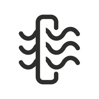 Black icon of a vertical line with three wavy lines on each side, resembling airflow or ventilation.