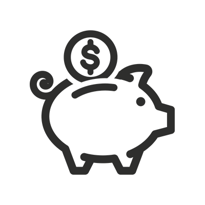 Simple piggy bank icon with a coin featuring a dollar sign being inserted on top.