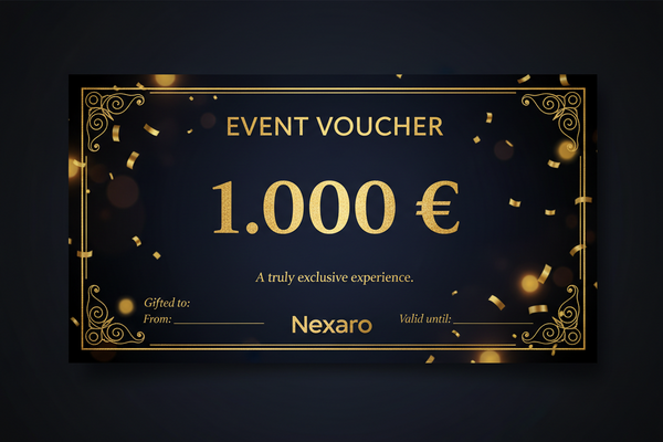 Nexaro gold and black event voucher valued at 1,000 euros, featuring confetti accents and an ornate border design.